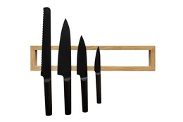 A medium-sized wall rack for kitchen appliances, featuring a wooden frame and black knives of various sizes.