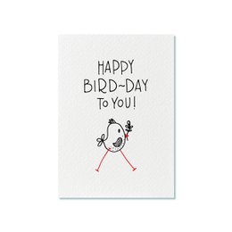A whimsical birthday card featuring a hand-drawn bird character with the text "Happy Bird-day to you!"