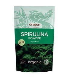 Organic spirulina powder, 200g, from Dragon Superfoods. Green superfood supplement made from spirulina algae.