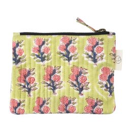  Printed cotton pouch with floral pattern in shades of teal and red. Compact size suitable for coins, cards, or small items. Durable zipper closure.