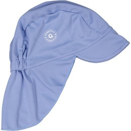 A blue UV protection hat for babies, featuring a flap design to shield the neck and face from the sun. The hat is available in sizes 0-4 months, 4-10 months, 10 months-2 years, and 2-6 years.
