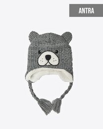 Gray knitted hat with bear ears and ear flaps for children.