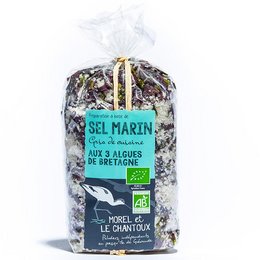 Organic Guérande sea salt with 3 types of seaweed from Brittany, 250g bag. Harvested by hand, unrefined, and rich in minerals.
