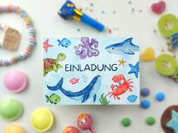 Underwater invitation card set to fill out including envelopes for shark children's birthday parties or mermaid parties