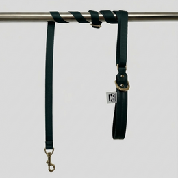  Dark green vegan leather dog leash with gold hardware, adjustable handle, durable pet accessory