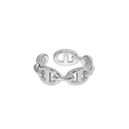 A delicate silver-toned ring with an intricate, interlocking design, perfect for a wedding or special occasion.