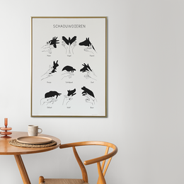 Silhouette art print featuring various shadow animals. Includes shapes and outlines of different animals like rabbits, foxes, and birds.