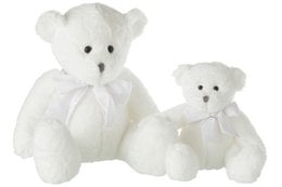 Large white plush bear with bow, made of polyester. Soft and cuddly stuffed animal.
