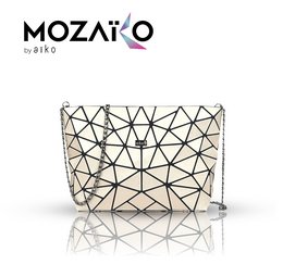 Geometric patterned beige handbag with black accents and a chain strap.