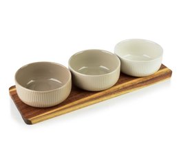  Modern ceramic bowls with ribbed texture, cream and taupe colors, wooden serving board, minimalist kitchen design.