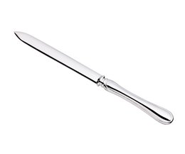 Silver-plated letter opener, 19 cm long, suitable for desktop organization.