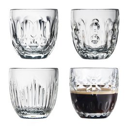 Set of 4 clear glass espresso cups with unique textured patterns. Ideal for serving espresso, coffee, or other small beverages.