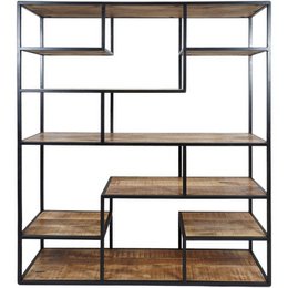 Compartment cabinet with wooden shelves and metal frame, 210 x 145 cm, used as a room divider.