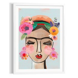 Colorful abstract art print featuring a woman's face surrounded by vibrant flowers and shapes. The frame is 70x50 cm in size and the artwork is categorized as a painting.