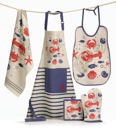 Beige and navy bib with shellfish and nautical motifs, suitable for kitchen or dining use.