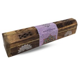 Rectangular wooden incense holder with green tree mandala design and purple accents. Made of natural materials, suitable for holding incense sticks or cones.