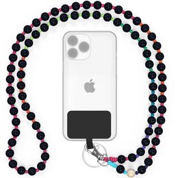 A black and rainbow-colored beaded phone chain or necklace. The product is handmade and made of wooden beads.