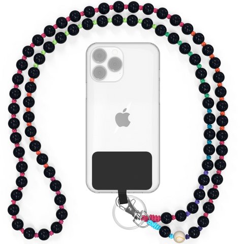Mobile phone chain universal, wooden beads, handmade - Black Rainbow
