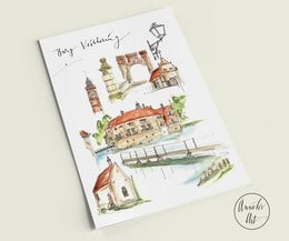 Postcard featuring an illustration of Castle Vischering in Ludinghausen, Germany. The postcard depicts the historic castle, surrounding buildings, and a boat on the water.