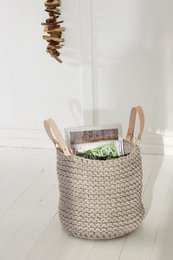 Strickkorb mit Lederhenkel - 30cm x 30cm x 30cm - rund