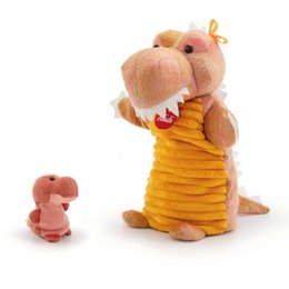  Plush dinosaur hand puppet with baby, 25cm tall, made of soft, textured fabric in shades of orange and brown. Features detailed facial features and a movable mouth for interactive play.