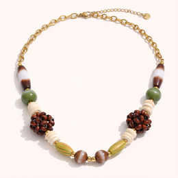  Gold chain beaded necklace with brown, green, and pearl beads, round ball design