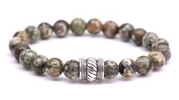 Bali Basic Rhyolite Jasper beaded bracelet, medium to extra-large sizes, natural stone beads in earthy tones with metal accent beads.