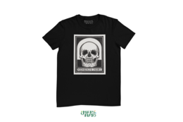 Memento Mori print unisex t-shirt in black, white, and green colors. Features a skull graphic with the text "Memento Mori" in a vintage style. Available in sizes XS to 2XL.
