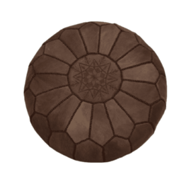 Dark brown Moroccan-style pouf with a round, tufted design and intricate stitching pattern.