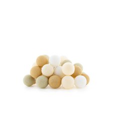 String lights with a creamy color and an adapter. The lights are round and made of cotton material, creating a warm and cozy ambiance.
