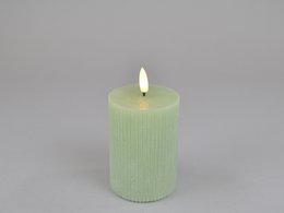  Tall, light green LED candle with remote control, timer, and optional Facebook connectivity. Dimensions: 7cm diameter, 10cm height. Powered by 2 AAA batteries.