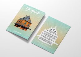 Postcard featuring an illustration of the De Waag building in Leeuwarden, Friesland, available in multiple languages and formats.