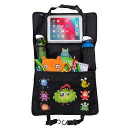 Auto Rücksitz Organizer - Monster is a car seat organizer with multiple pockets and compartments for storing various items. It features colorful monster designs and can hold a tablet or smartphone.