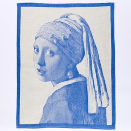 A tea towel featuring the iconic painting "Girl with a Pearl Earring" by Johannes Vermeer. The image depicts a young woman wearing a blue and white headscarf, with a pearl earring visible. The design is in a blue and white color scheme, capturing the essence of the original artwork.