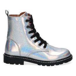 Silver metallic lace-up kids' boots with black soles and laces.