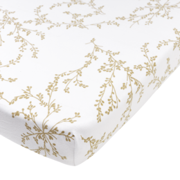 Fitted sheet in a sand color with a delicate floral pattern. Made of soft, breathable jersey material. Suitable for cot mattresses in various sizes.