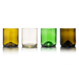  Set of 4 short tumblers in assorted colors - clear, olive, amber, and green. Durable glass construction, suitable for everyday use.
