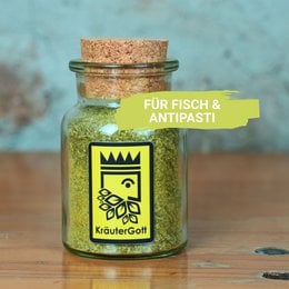 Herb salt with lemon flavor, ideal for seasoning fish and antipasti dishes. The product features a glass jar with a cork lid and a label with a crown icon.