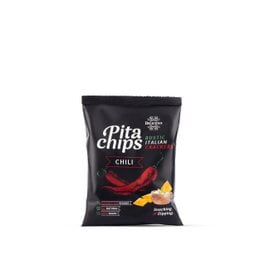 Pita chips with a chili flavor, made from pita bread and seasoned with a blend of spices including chili.