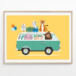 Volkswagen busje poster dieren geel A3