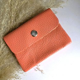 Blush coral textured leather mini wallet, small coin pocket with snap closure, compact size