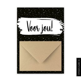 A black and white greeting card with the text "Voor jou" (For you) written in a cursive font. The card has a starry night sky background and an envelope attached to the front.