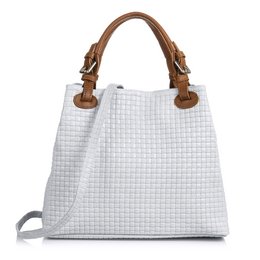  White woven leather tote bag with geometric engraving and brown leather handles.