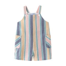  Colorful striped baby overalls with a relaxed, casual style. Made of soft, breathable bambula fabric for comfort. Features adjustable straps and pockets for functionality.