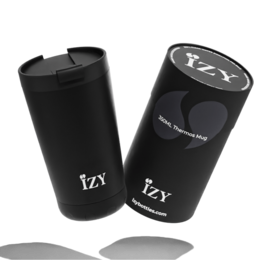 Black 350ml coffee mug with Izy branding. Durable, double-walled construction keeps drinks warm for 6 hours and cool for 12 hours.