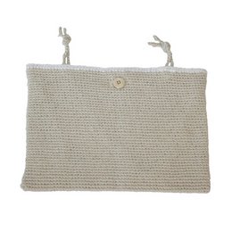 Off-white knitted storage bag for kids, suitable for storing toys, clothes, or other items. Made of soft, durable material with a simple, minimalist design.
