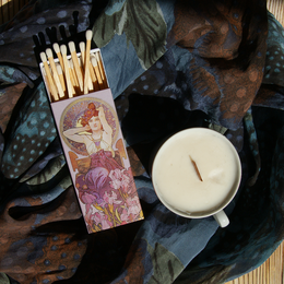  Long matches with a decorative box featuring a woman in a floral dress surrounded by irises.