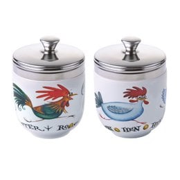 Set of 2 ceramic egg cups with colorful rooster designs and text "Early Riser" and "Busy Day". Suitable for serving soft boiled eggs.