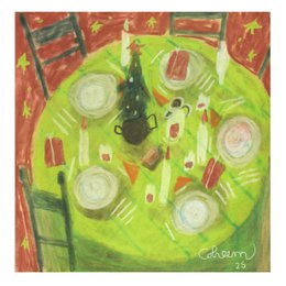  A festive Christmas table setting with a green tablecloth, candles, and holiday decorations.