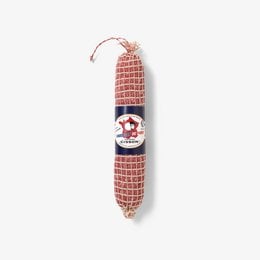 A red and white sausage with a label that says "Cisson" and features a French flag and map. The sausage appears to be a traditional French sausage product.